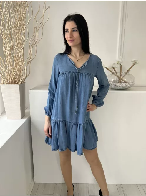 F&F (XS) Kék Elől Nyakban Megköthető Fodros Aljú, Gumis Ujjvégű, Farmer Ruha