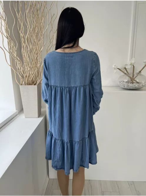 F&F (XS) Kék Elől Nyakban Megköthető Fodros Aljú, Gumis Ujjvégű, Farmer Ruha