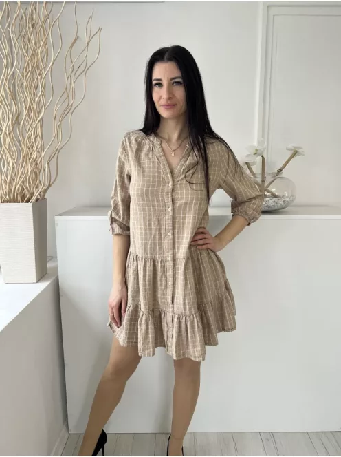 Primark (XS) Világosbarna Fehér Kockás, Elől Végig Gombos Alul Fodros, Gumis Ujjvégű, 89% Pamut Alapanyagú Ruha