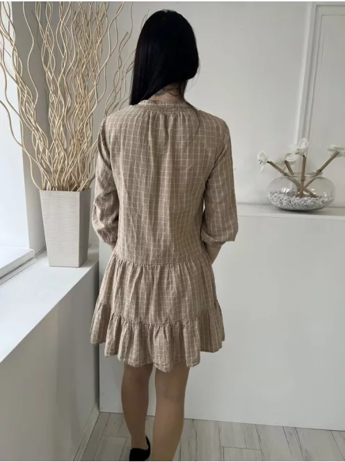 Primark (XS) Világosbarna Fehér Kockás, Elől Végig Gombos Alul Fodros, Gumis Ujjvégű, 89% Pamut Alapanyagú Ruha