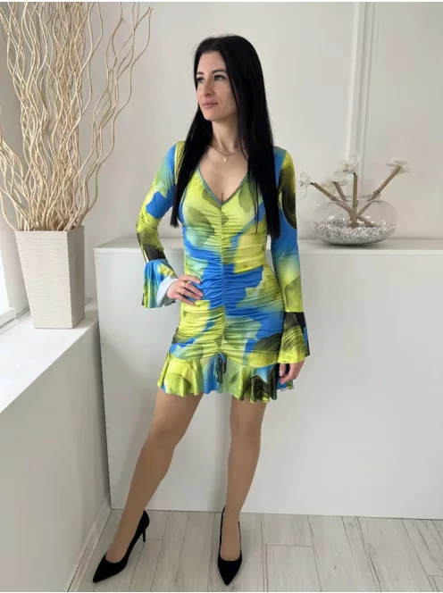 ÚJ Pretty Little Thing (XS) Kék-Lime Elől és Oldalt Húzott, Fodros Aljú Tölcsér Ujjú, Rugalmas Anyagú Ruha