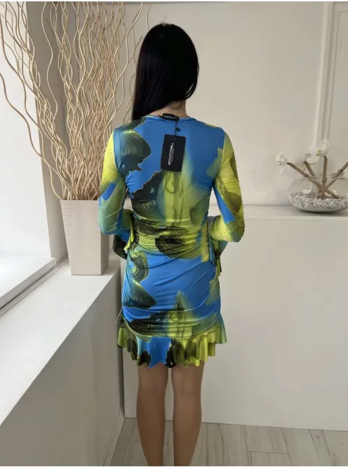 ÚJ Pretty Little Thing (XS) Kék-Lime Elől és Oldalt Húzott, Fodros Aljú Tölcsér Ujjú, Rugalmas Anyagú Ruha