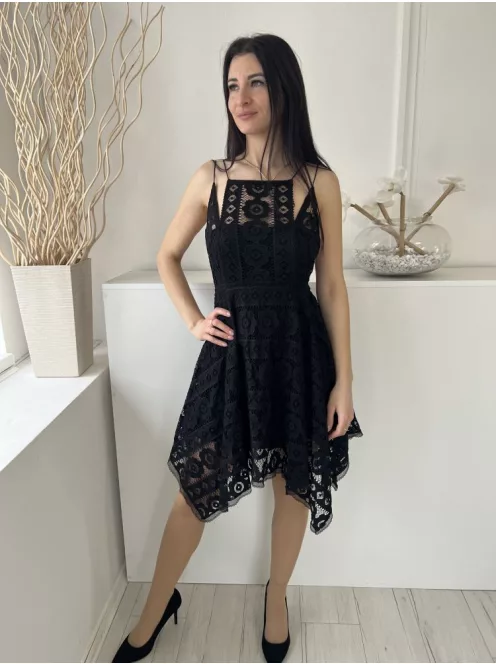 Free People (XS) Fekete Anyagában Csipkés, Bélelt, Hátul Cipzáros Hátul Nyitott, Pántos, Aszimmetrikus Aljú Ruha