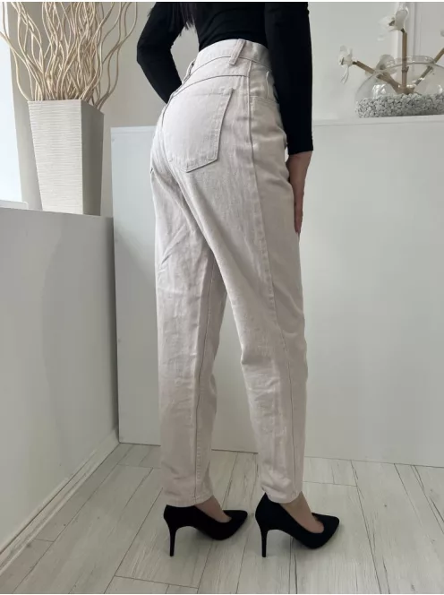  (M) Drapp Elől Gombos, Övtartós Egyenesszárú, Farmer Nadrág