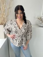 ÚJ Primark (M) Világosbarna Fekete Apró Foltmintás Buggyos Ujjú, Mellnél Díszgombos Felső