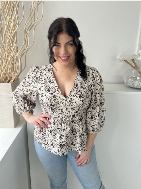 ÚJ Primark (M) Világosbarna Fekete Apró Foltmintás Buggyos Ujjú, Mellnél Díszgombos Felső