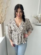 ÚJ Primark (M) Világosbarna Fekete Apró Foltmintás Buggyos Ujjú, Mellnél Díszgombos Felső