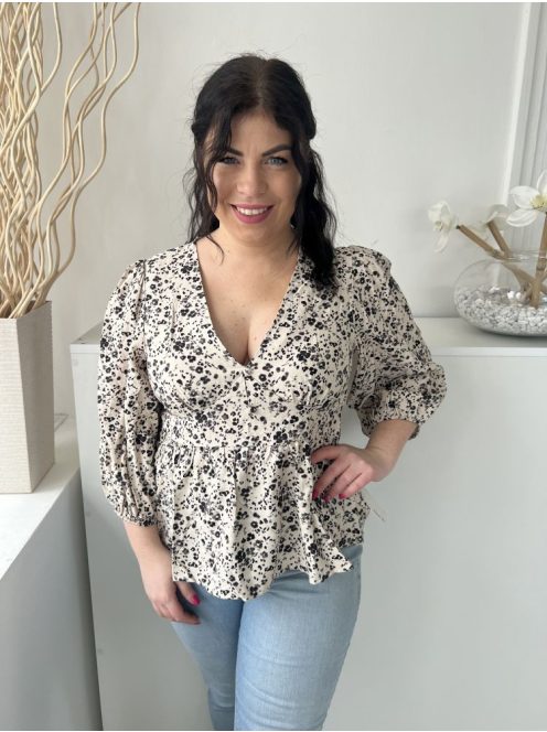 ÚJ Primark (M) Világosbarna Fekete Apró Foltmintás Buggyos Ujjú, Mellnél Díszgombos Felső