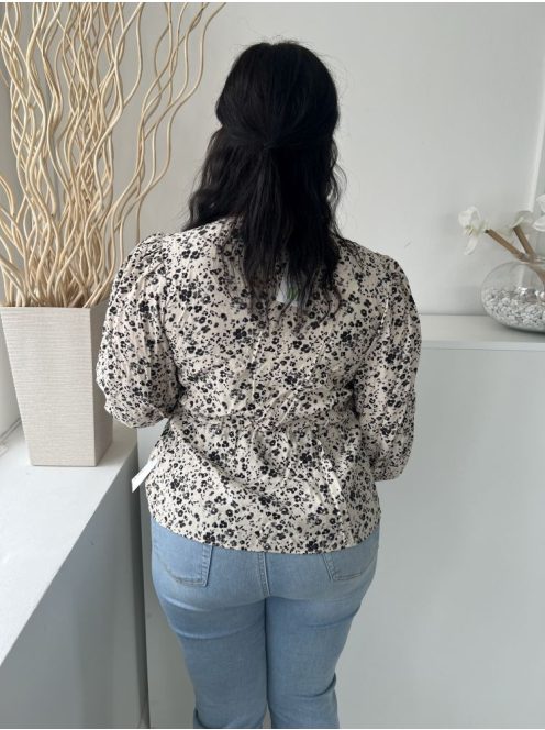 ÚJ Primark (M) Világosbarna Fekete Apró Foltmintás Buggyos Ujjú, Mellnél Díszgombos Felső