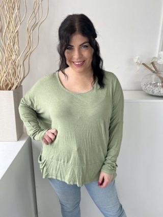   ÚJ Post Card (M) Permetzöld Kerek Nyakú, Zsebes Denevér Ujjú, Rugalmas Anyagú Felső