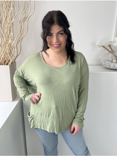 ÚJ Post Card (M) Permetzöld Kerek Nyakú, Zsebes Denevér Ujjú, Rugalmas Anyagú Felső