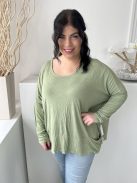 ÚJ Post Card (M) Permetzöld Kerek Nyakú, Zsebes Denevér Ujjú, Rugalmas Anyagú Felső