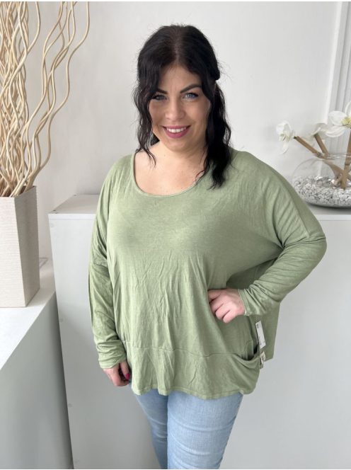 ÚJ Post Card (M) Permetzöld Kerek Nyakú, Zsebes Denevér Ujjú, Rugalmas Anyagú Felső