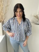 F&F (M) Fehér Sötétkék Mitás, Elől Végig Gombos Bőfazonú, Buggyos Ujjú, 100% Pamut Alapanyagú Felső