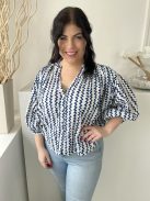 F&F (M) Fehér Sötétkék Mitás, Elől Végig Gombos Bőfazonú, Buggyos Ujjú, 100% Pamut Alapanyagú Felső