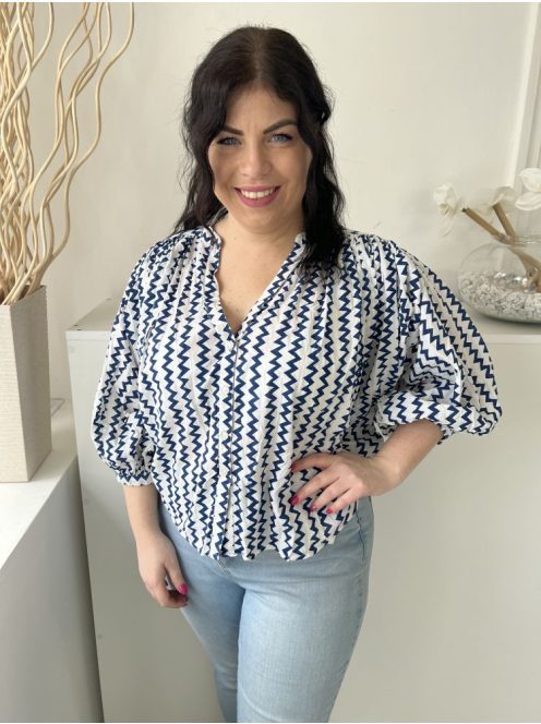 F&F (M) Fehér Sötétkék Mitás, Elől Végig Gombos Bőfazonú, Buggyos Ujjú, 100% Pamut Alapanyagú Felső