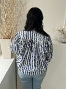 F&F (M) Fehér Sötétkék Mitás, Elől Végig Gombos Bőfazonú, Buggyos Ujjú, 100% Pamut Alapanyagú Felső