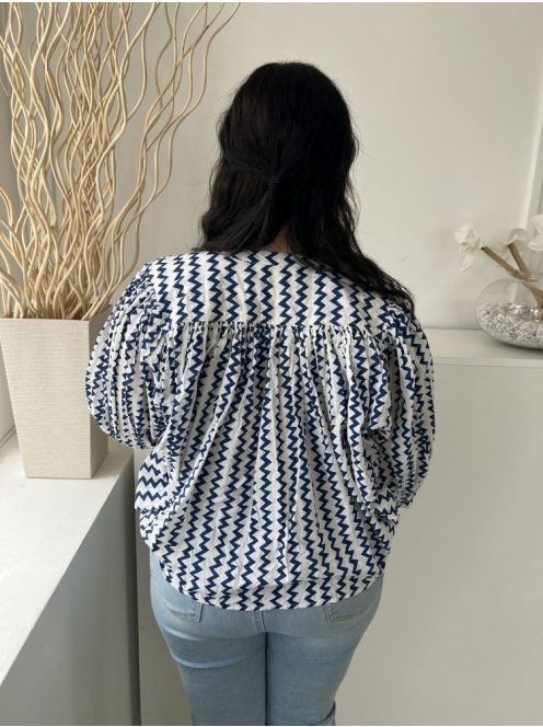 F&F (M) Fehér Sötétkék Mitás, Elől Végig Gombos Bőfazonú, Buggyos Ujjú, 100% Pamut Alapanyagú Felső