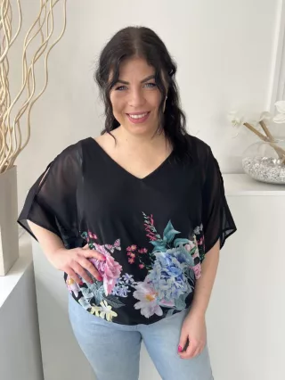   Lipsy (L) Fekete Alul Színes Virágos, Bélelt Ujján Nyitott, Bőfazonú Felső