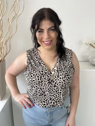   New Look (L) Világosbarna Fekete Foltmintás, Mellnél Díszgombos Anyagában Bordázott Body