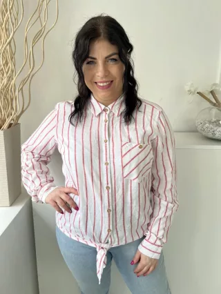   F&F (L) Fehér Piros Csíkos, Elől Végig Gombos Alul Megkötős, Mellnél Zsebes, 60% Len Alapanyagú Felső