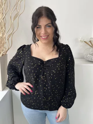   Papaya (L) Fekete Apró Csillag Mintás Mellnél Húzott, Buggyos Ujjú Felső
