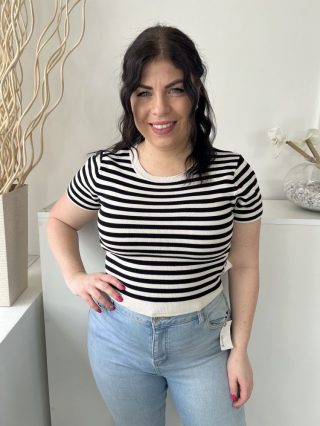   Primark (M) Drapp Fekete Csíkos, Kerek Nyakú Gépikötött Felső