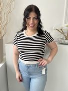 Primark (M) Drapp Fekete Csíkos, Kerek Nyakú Gépikötött Felső