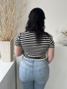 Primark (M) Drapp Fekete Csíkos, Kerek Nyakú Gépikötött Felső