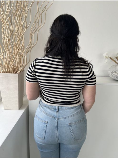 Primark (M) Drapp Fekete Csíkos, Kerek Nyakú Gépikötött Felső