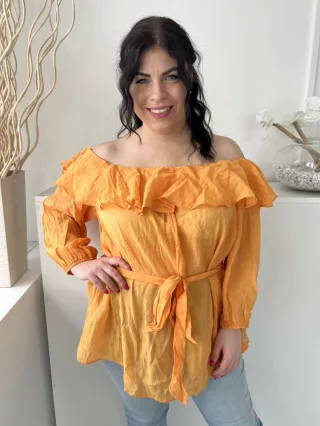   River Island (XL) Narancs Ejtett Fodros Vállú, Derékban Megkötős Gumis Ujjvégű, Lenge Fazonú Felső