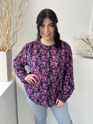   CCC (L) Sötétkék Rózsaszín Virágos, Elől Végig Gombos 55% Pamut Alapanyagú, Kerekített Aljú Felső