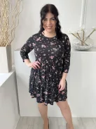 M&Co (M) Fekete Apró Fehér Pöttyös, Virágos Kerek Nyakú, Fodros Aljú Ruha