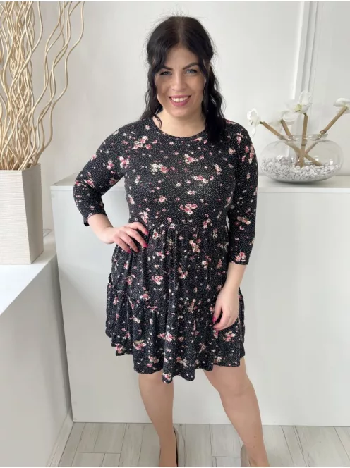 M&Co (M) Fekete Apró Fehér Pöttyös, Virágos Kerek Nyakú, Fodros Aljú Ruha