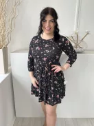 M&Co (M) Fekete Apró Fehér Pöttyös, Virágos Kerek Nyakú, Fodros Aljú Ruha