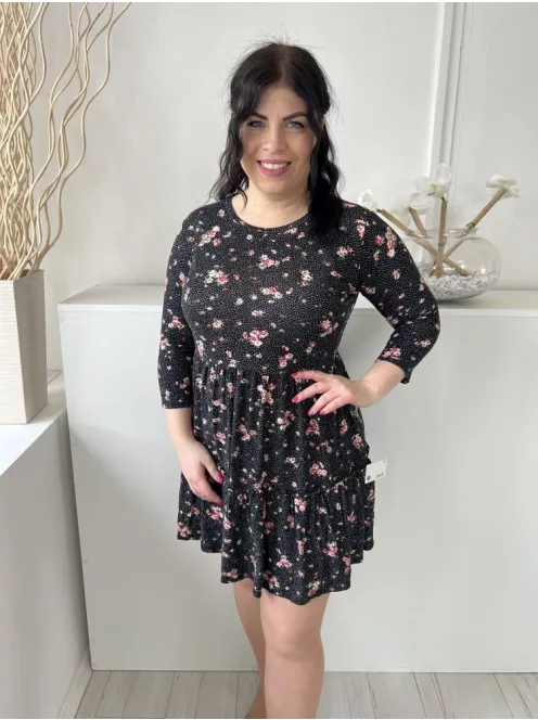 M&Co (M) Fekete Apró Fehér Pöttyös, Virágos Kerek Nyakú, Fodros Aljú Ruha