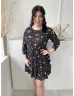   M&Co (M) Fekete Apró Fehér Pöttyös, Virágos Kerek Nyakú, Fodros Aljú Ruha
