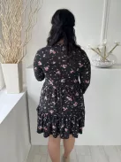 M&Co (M) Fekete Apró Fehér Pöttyös, Virágos Kerek Nyakú, Fodros Aljú Ruha