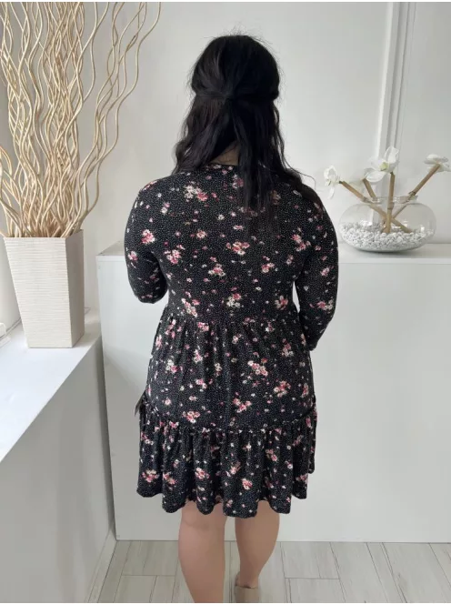 M&Co (M) Fekete Apró Fehér Pöttyös, Virágos Kerek Nyakú, Fodros Aljú Ruha