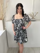 Primark (M) Fehér Fekete Zebracsíkos, Kocka Kivágású Gumisderekú, Buggyos Ujjú Ruha
