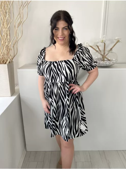 Primark (M) Fehér Fekete Zebracsíkos, Kocka Kivágású Gumisderekú, Buggyos Ujjú Ruha