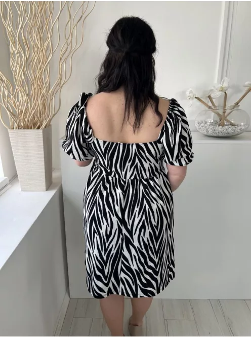 Primark (M) Fehér Fekete Zebracsíkos, Kocka Kivágású Gumisderekú, Buggyos Ujjú Ruha