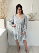 F&F (M) Drapp Világoskék Apró Virágos Hátul Nyakban Megkötős, Fodros Aljú Ruha