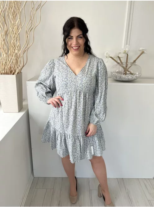 F&F (M) Drapp Világoskék Apró Virágos Hátul Nyakban Megkötős, Fodros Aljú Ruha