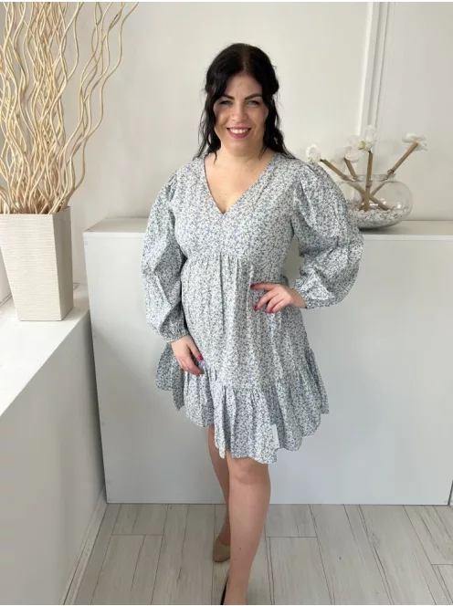 F&F (M) Drapp Világoskék Apró Virágos Hátul Nyakban Megkötős, Fodros Aljú Ruha