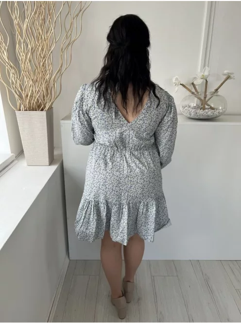 F&F (M) Drapp Világoskék Apró Virágos Hátul Nyakban Megkötős, Fodros Aljú Ruha