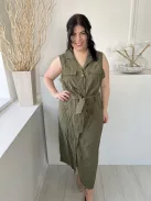 Next (L) Khaki Elől Végig Gombos, Derékban Megkötős Mellnél Zsebes, Galléros Ruha