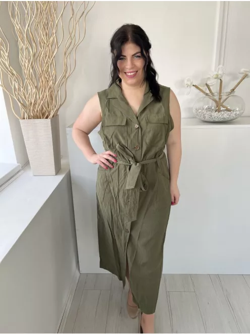 Next (L) Khaki Elől Végig Gombos, Derékban Megkötős Mellnél Zsebes, Galléros Ruha