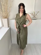 Next (L) Khaki Elől Végig Gombos, Derékban Megkötős Mellnél Zsebes, Galléros Ruha