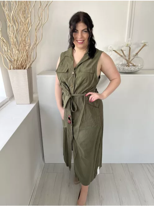 Next (L) Khaki Elől Végig Gombos, Derékban Megkötős Mellnél Zsebes, Galléros Ruha